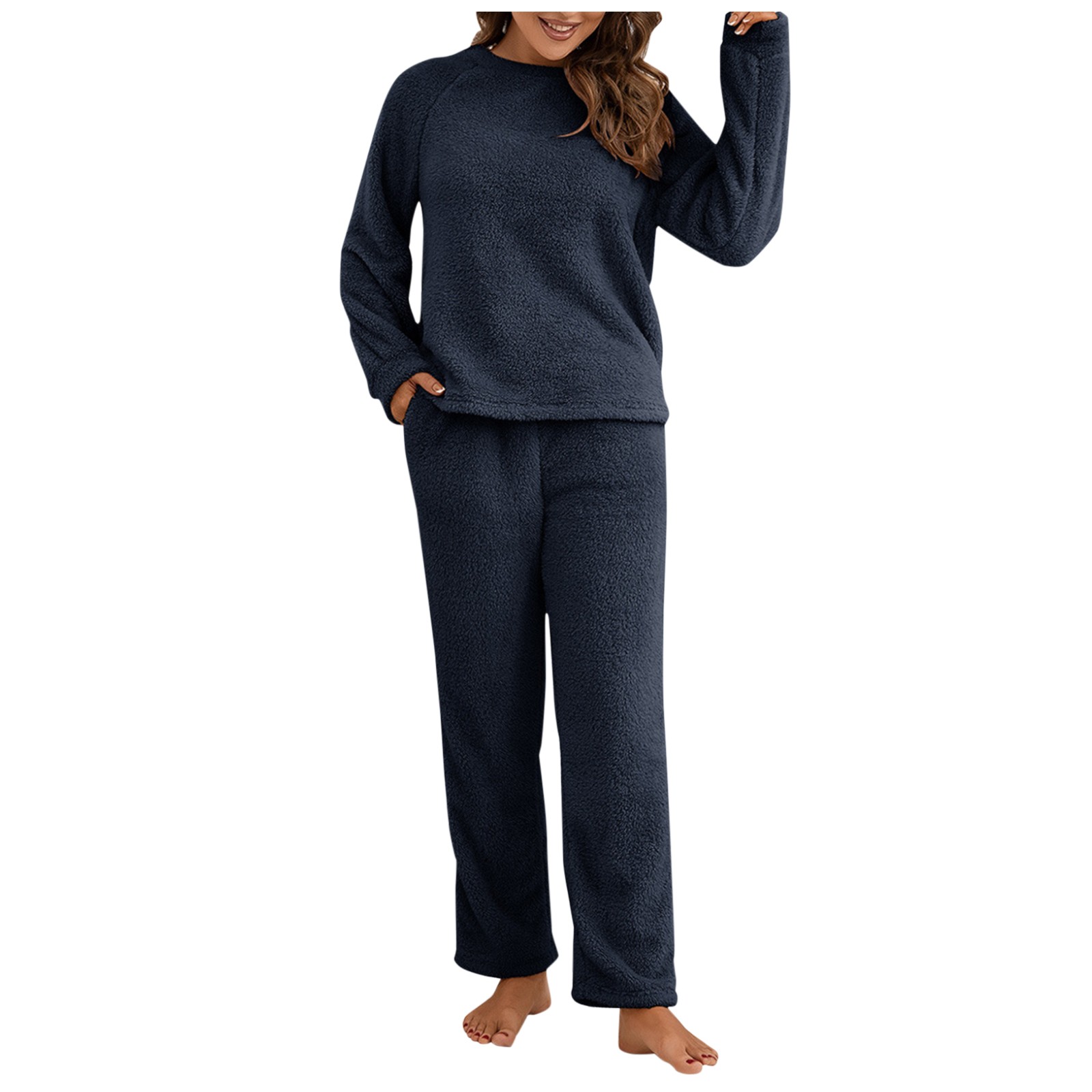 thumbnail image 5 of Conjunto de 2 piezas de jersey de felpa para mujer: top de manga larga de color liso y pantalones. Traje informal y cálido para el invierno (tallas asiáticas)., 5 of 8